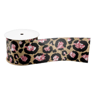 Pink and Gold Glitter Glam Leopard Spots Pattern Satin Ribbon