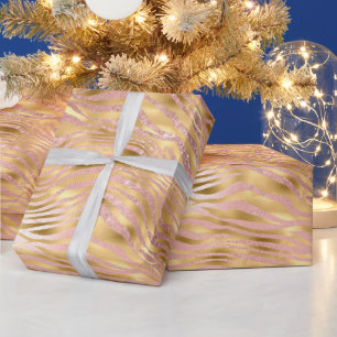 Pink and Gold Glitter Glam Tiger Stripes Pattern Wrapping Paper