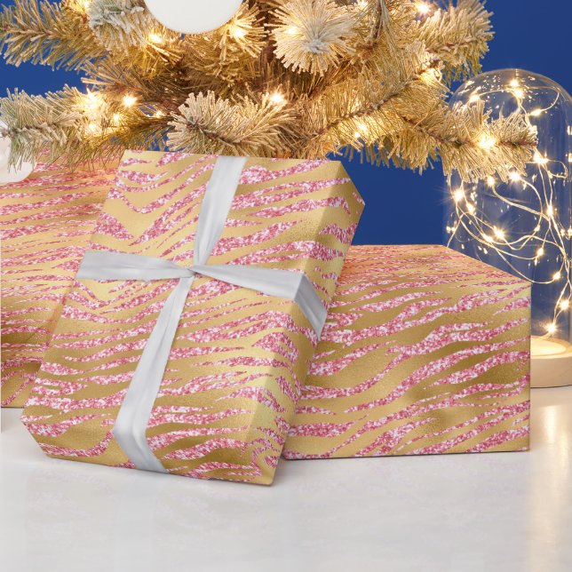 Pink and Gold Glitter Glam Tiger Stripes Pattern Wrapping Paper (Holidays)