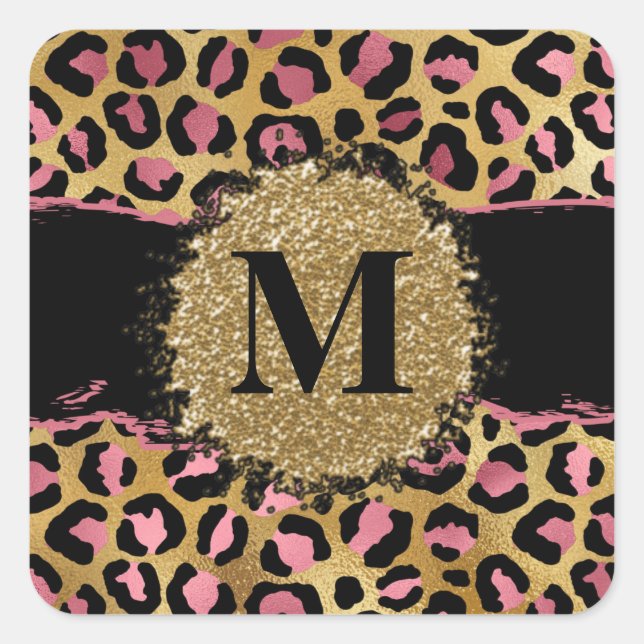 Pink and gold glitter leopard print monogram square sticker (Front)
