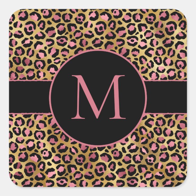 Pink and gold glitter leopard print party invitati square sticker (Front)