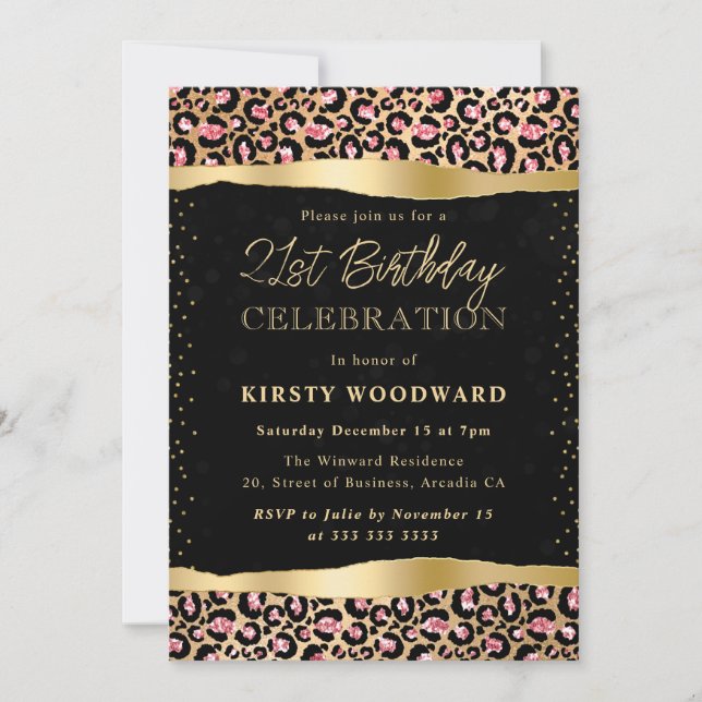 Pink and Gold Glitter Leopard Spots 21st Birthday Invitation (Front)