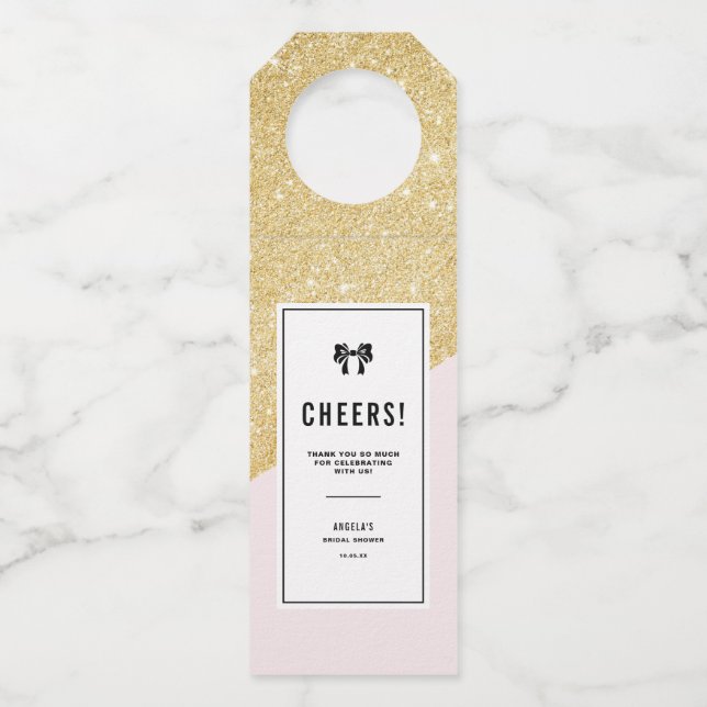 Pink and Gold Glitter Modern Personalized Bottle Tag (Front)