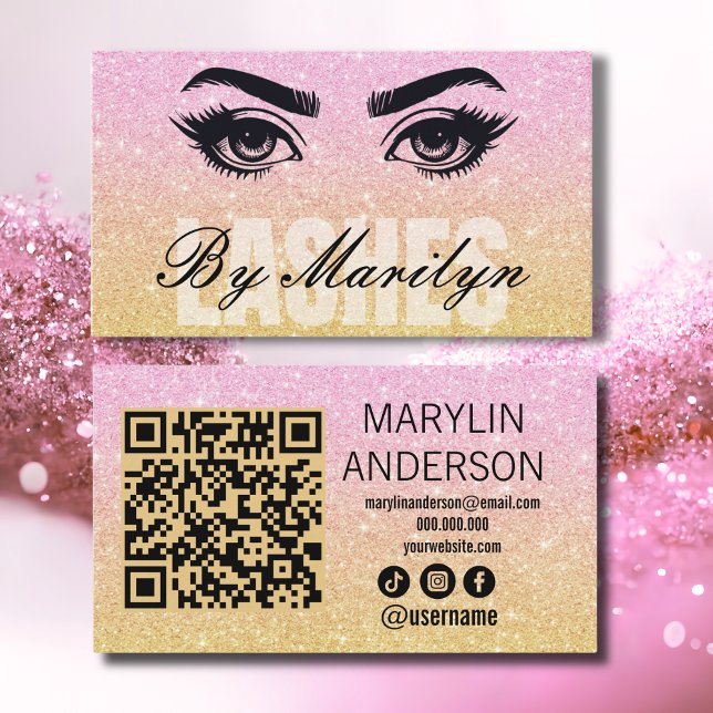 Pink and Gold Glitter Ombre Lash QR Code Scannable Business Card (Creator Uploaded)