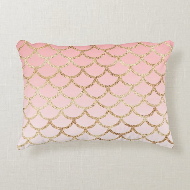 Pink and Gold Glitter Ombre Mermaid Scale Accent Pillow (Front)