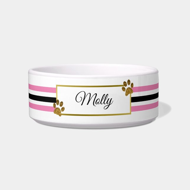 Pink and Gold Glitter Paw Print | Custom Pet Bowl (Front)