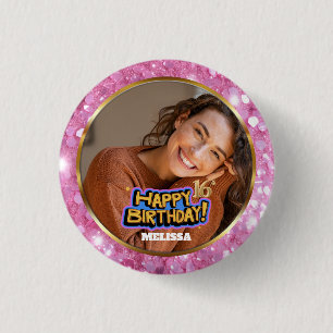 Pink and Gold Glitter Photo Name 16th Birthday 1 Inch Round Button