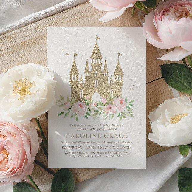 Pink and Gold Glitter Princess Castle Birthday Invitation (Creator Uploaded)