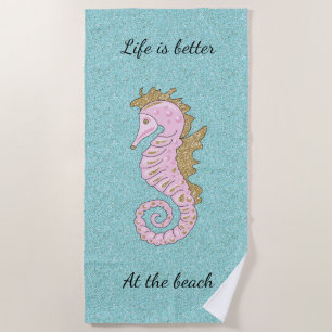 Pink and Gold Glitter Seahorse Beach Towel