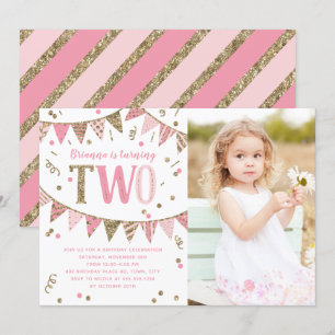 Pink and Gold Glitter Second Birthday Party Photo Invitation