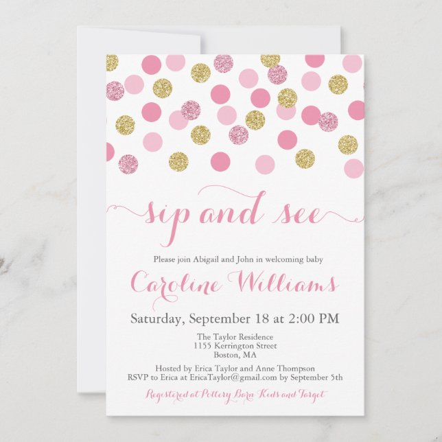 Pink and Gold Glitter Sip and See Invitations (Front)