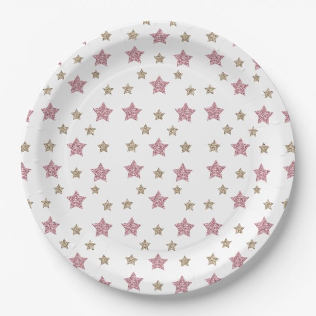 Pink and Gold Glitter Star 9" Paper Plate (Front)