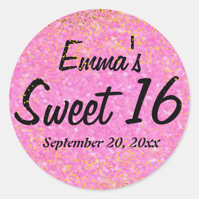 Pink and Gold Glitter Sweet 16 Personalized Classic Round Sticker (Front)