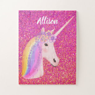 Pink And Gold Glitter Unicorn Personalized Kids Jigsaw Puzzle