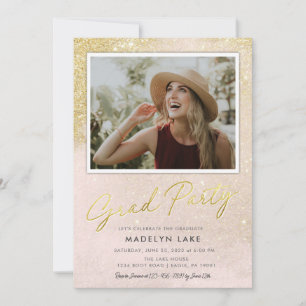 Pink and Gold Glitter Vertical 4 Photo Grad Party Invitation