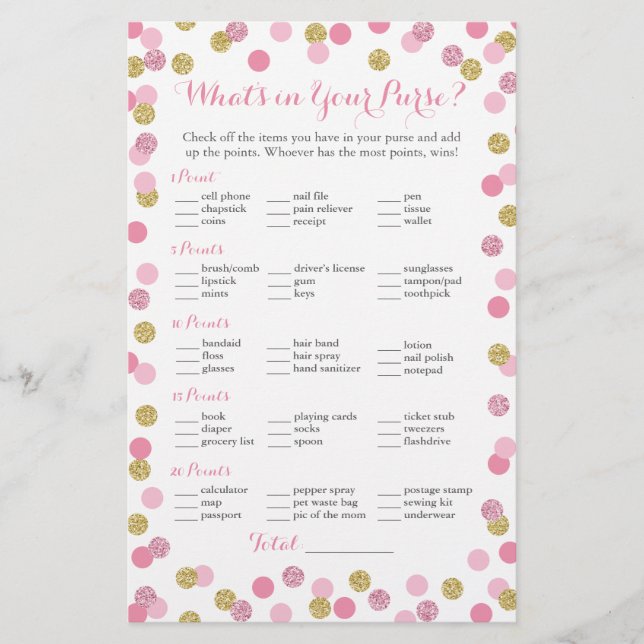 Pink and Gold Glitter What's in Your Purse Game (Front)