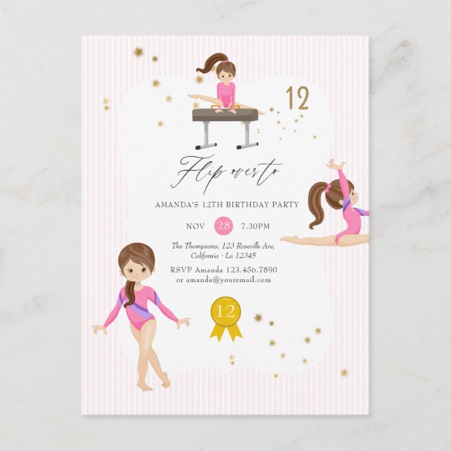 Pink and Gold Gymnastics 12th Birthday Party Postcard (Front)