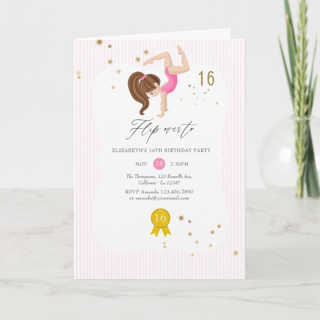 Pink and Gold Gymnastics 16th Birthday Party Invitation (Front)