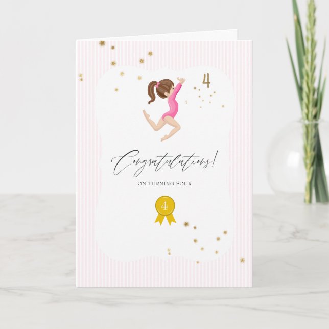 Pink and Gold Gymnastics 4th Birthday Card (Front)