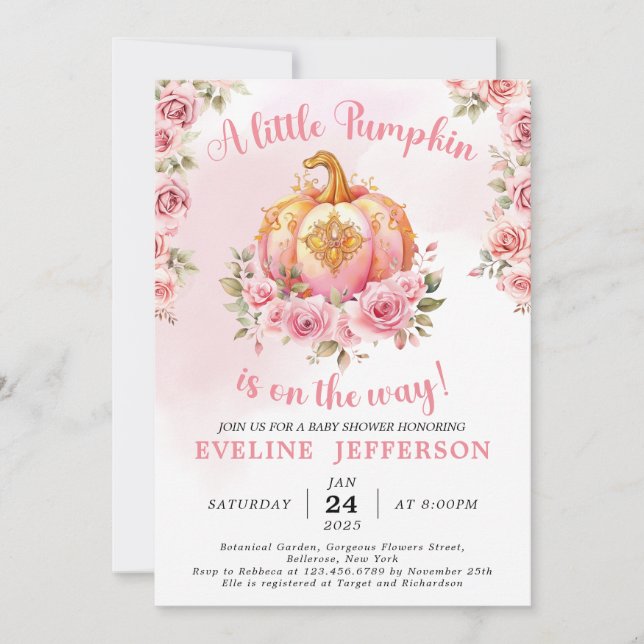 Pink and Gold Halloween Little Pumpkin Baby Shower Invitation (Front)
