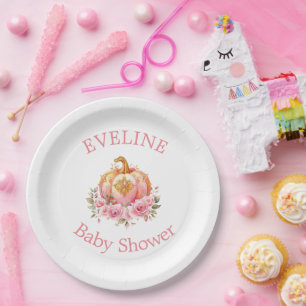 Pink and Gold Halloween Little Pumpkin Baby Shower Paper Plate