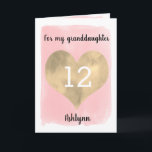 Pink and Gold Happy 12th Birthday Granddaughter Card<br><div class="desc">A personalized pink and gold 12th birthday card for granddaughter that features a gold heart against pink watercolor. You can personalize the gold heart with the age you need and add her name underneath the heart. The inside message can be easily edited if wanted. The back of the card says...</div>