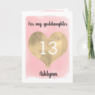 Pink and Gold Heart 13th Birthday Goddaughter Card