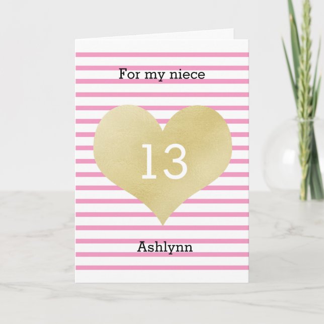 Pink and Gold Heart 13th Birthday Niece Card (Front)