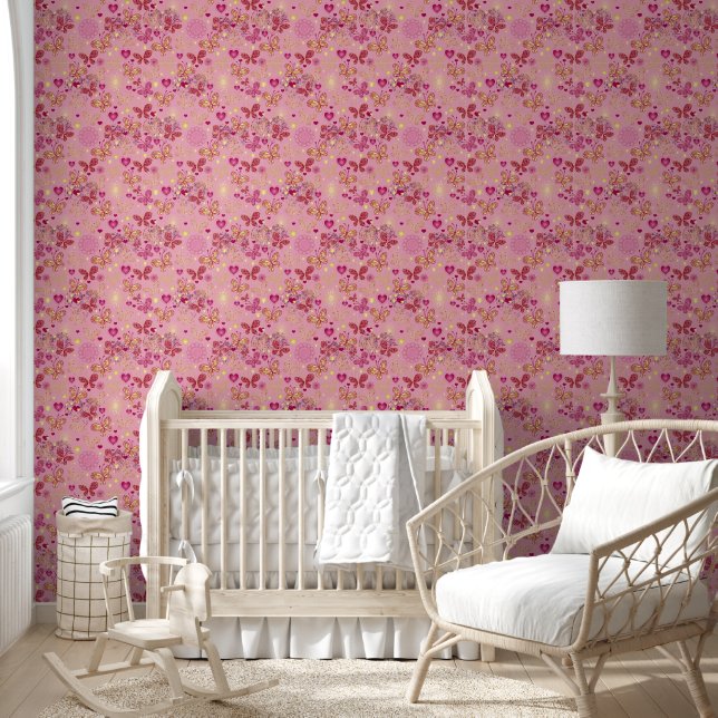 Pink and gold hearts and butterflies on pale pink wallpaper (Kids)