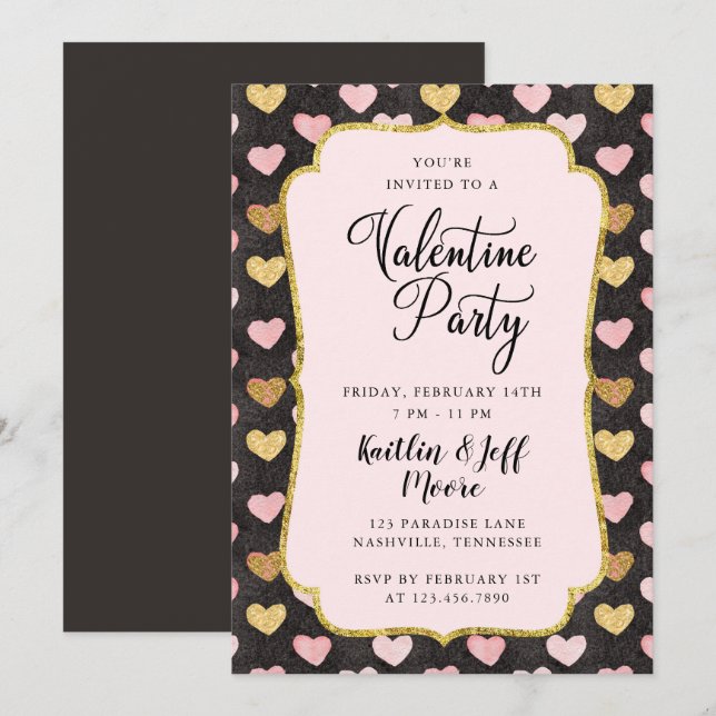 Pink and Gold Hearts Valentine Party Invitation (Front/Back)