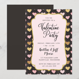 Pink and Gold Hearts Valentine Party Invitation