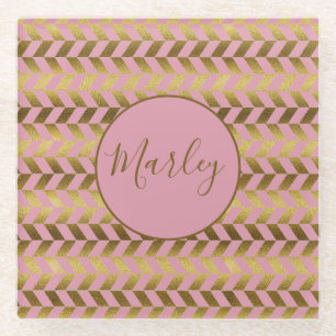 Pink and Gold Herringbone Personalized Glass Coaster