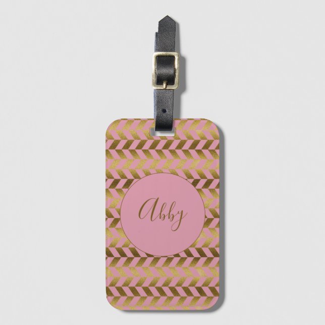 Pink and Gold Herringbone Personalized Luggage Tag (Front Vertical)
