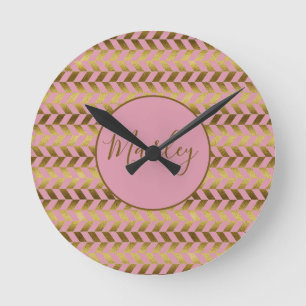 Pink and Gold Herringbone Personalized Round Clock