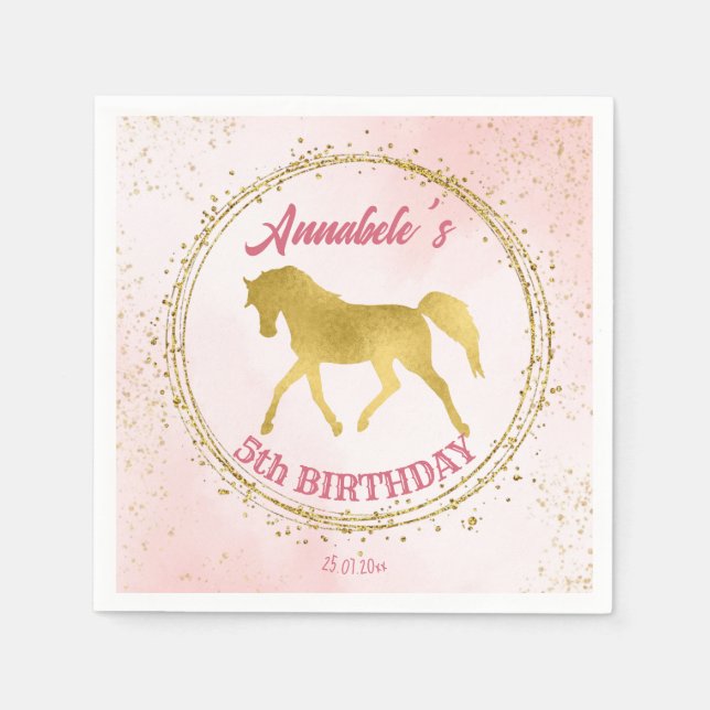 Pink and gold horse equestrian birthday custom napkin (Front)