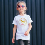 Pink and gold horse equestrian birthday custom T-Shirt<br><div class="desc">Pink and gold horse birthday party personalized name t-shirt with golden horse,  gold circle,  pink script.</div>