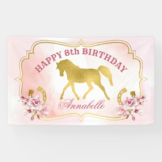 Pink and gold horse party trotting gold horse banner (Horizontal)