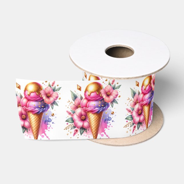 Pink and Gold Ice Cream Golden Birthday Satin Ribbon (Spool)