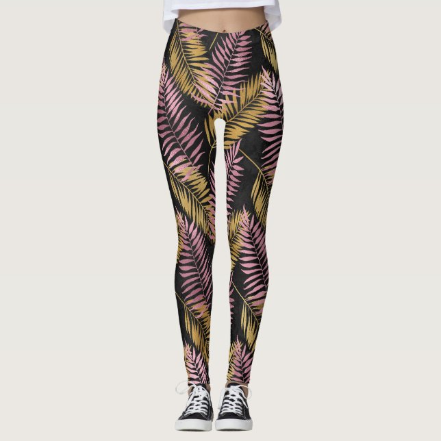 Pink and Gold Leopard Leafs Leggings (Front)
