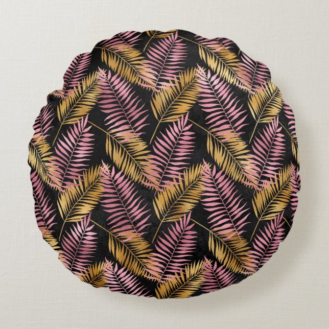 Pink and Gold Leopard Leafs Round Pillow (Front)