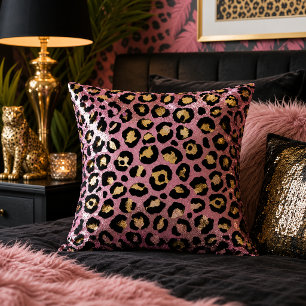Pink and Gold Leopard Print Animal Pattern Throw Pillow