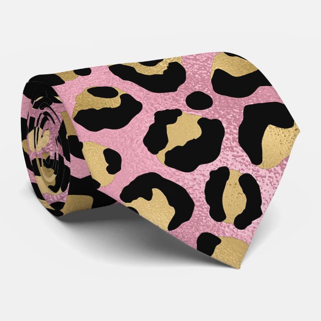 Pink and Gold Leopard Print Tie (Rolled)