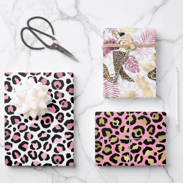 Pink and Gold Leopard Wrapping Paper Sheet (Front)