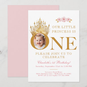 Pink and Gold Little Princess 1st Birthday Photo  Invitation