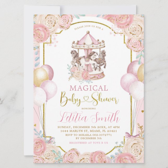 Pink and Gold Magical Carousel Baby Shower Invite (Front)