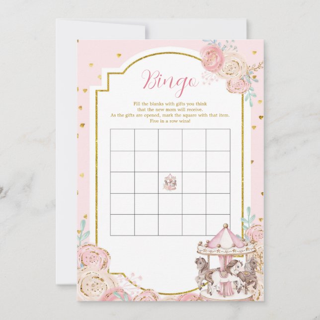 Pink and Gold Magical Carousel Bingo Game Invitation (Front)