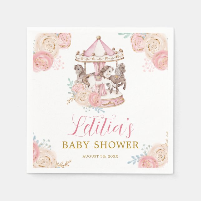 Pink and Gold Magical Carousel Paper Napkin (Front)
