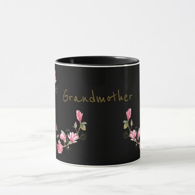 Pink and Gold Magnolia on Black Grandmother Mug (Center)