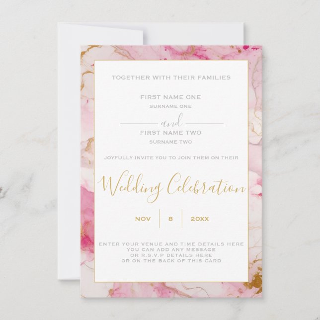 Pink and gold marble border wedding invitation (Front)