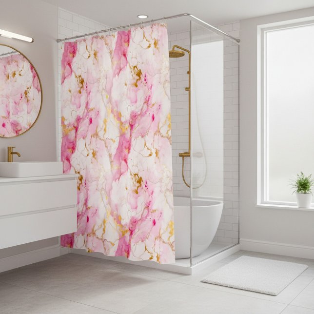 Pink and gold marble effect (Pink and gold marble effect shower curtain.)